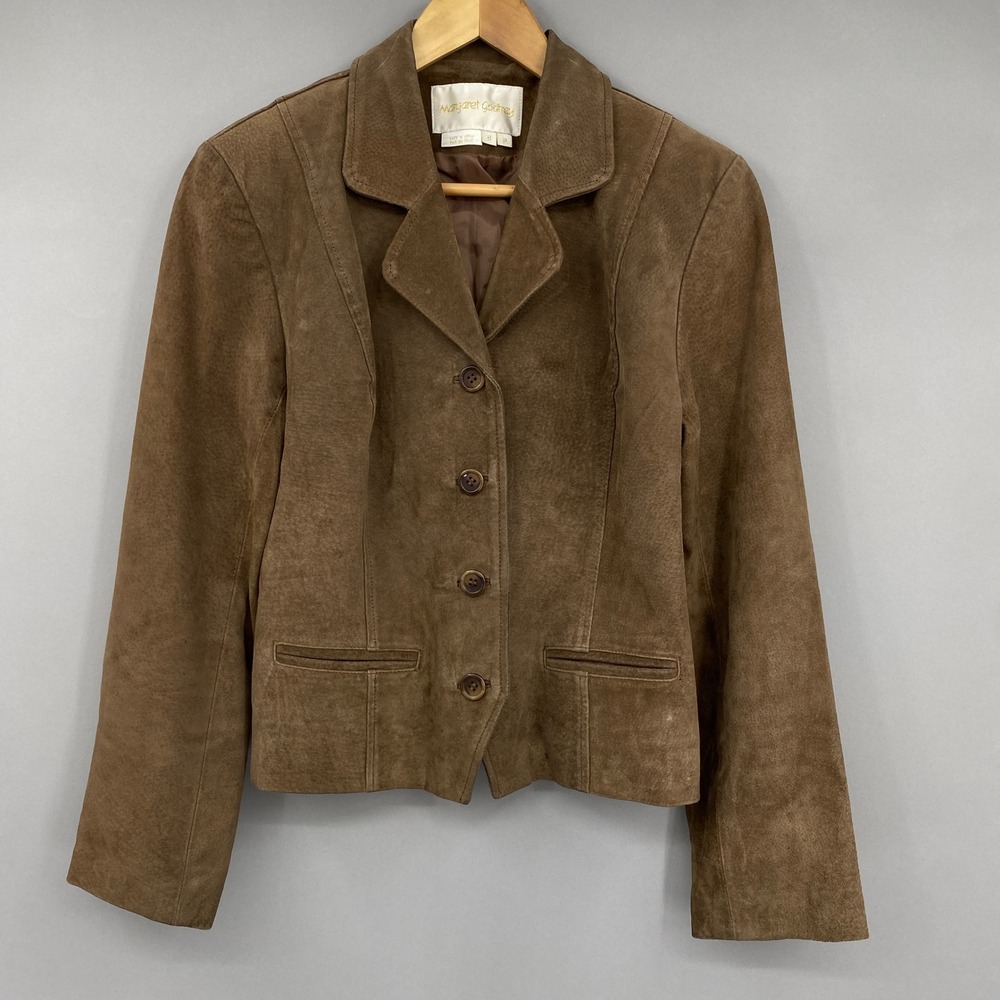 Margaret Godfrey Suede Leather Blazer Jacket Womens 8P Brown Vintage Button